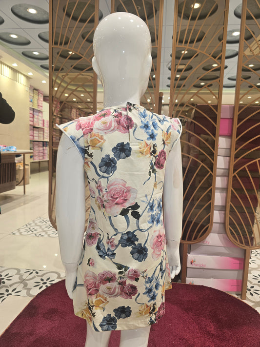 Girls Floral Printed Crepe Short Frock with Megha Sleeves