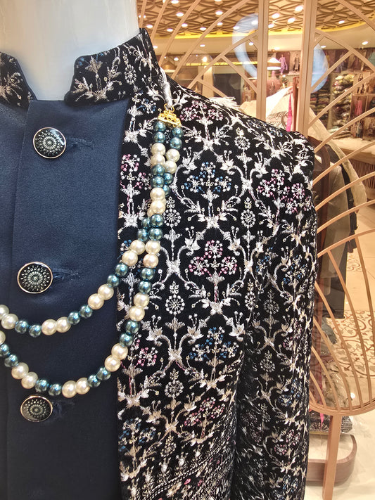 Teal Blue Velvet Junior Indo-Western With Embroidery & Micro Sequins Work (2-Layer Maala)