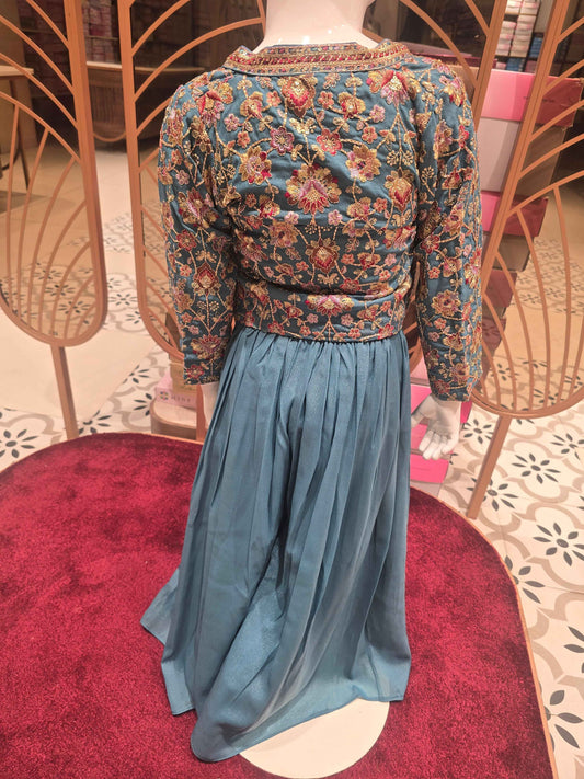 Crepe material grayish blue color sharara set with embroidery work on inner & jacket