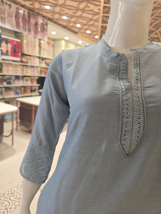 Women’s Rayon Coat Set in Grey with Cutwork Border, Sleeves and V-Neck Design for Daily and Casual Wear