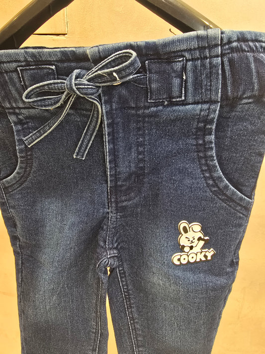 Girls Dark Blue Denim Style Capri Jeans with Rubber Print, Two Pocket Design and Attachable Waist Tie for Summer Casual Wear