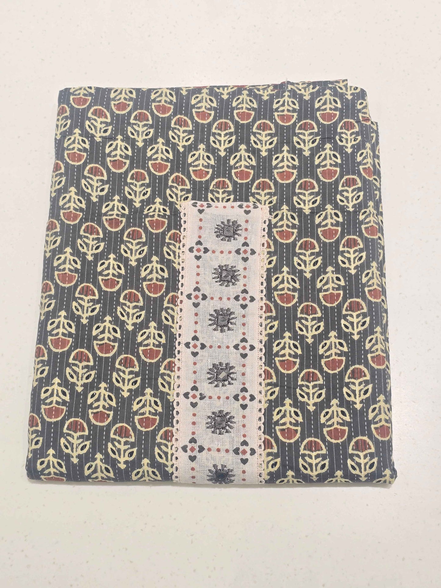 Women Gray Rust Orange Semi Cotton Dress Material Set