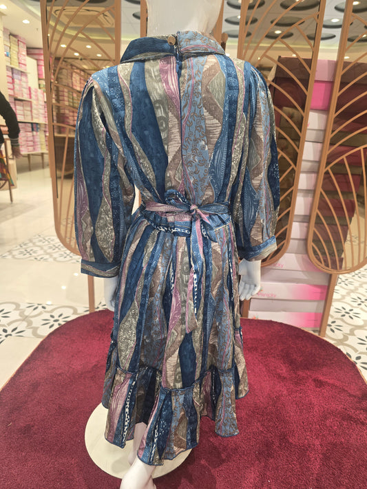 Girls Steel Blue Multi Colour Printed Crepe Short Frock with Rose Waist Detail