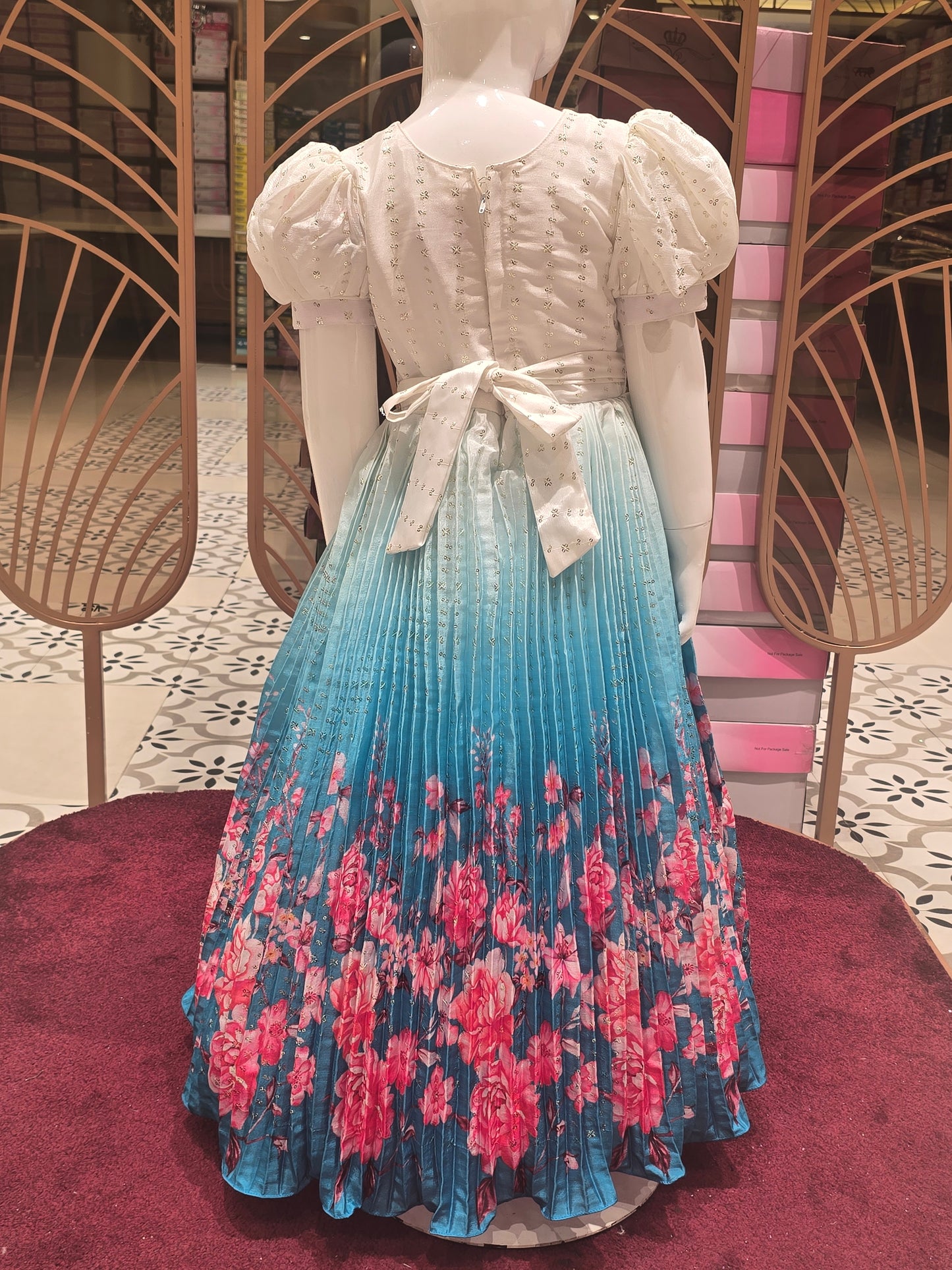 Girl Half White Sky Blue Sequined Crepe Ethnic Gown