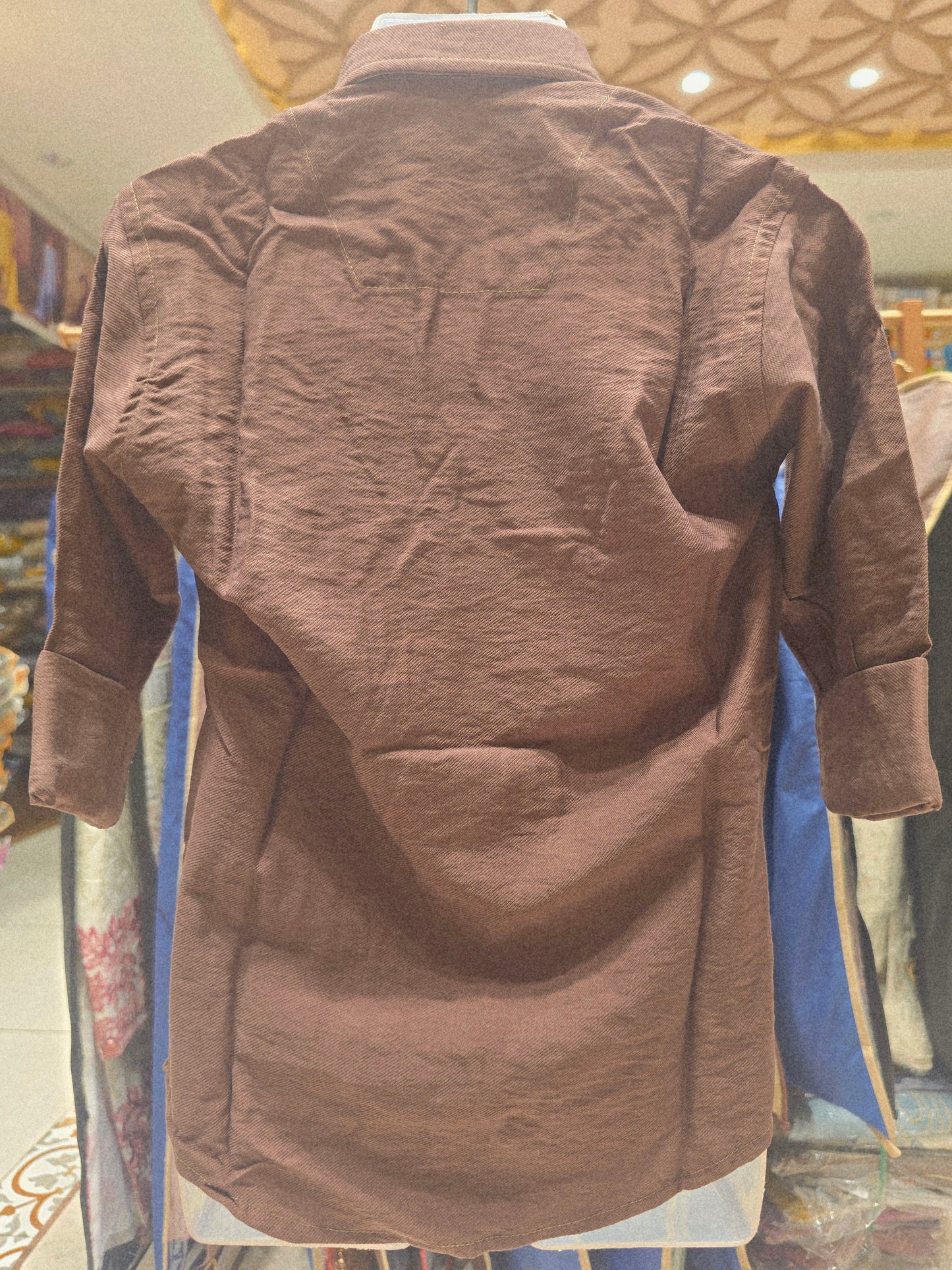 Brown Linen Lycra Shirt for Boys with Rubber Print Logo, Full Sleeves and Classic Collared Neck