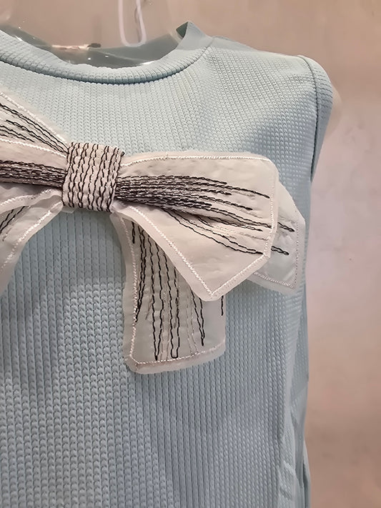 Sky Blue Hosiery Western Top for Girls with Stylish Bow Detail – Sleeveless Party Wear