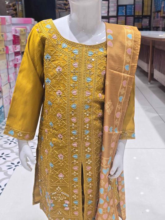 traditional mustard yellow kids' salwar kameez suit designed for girls