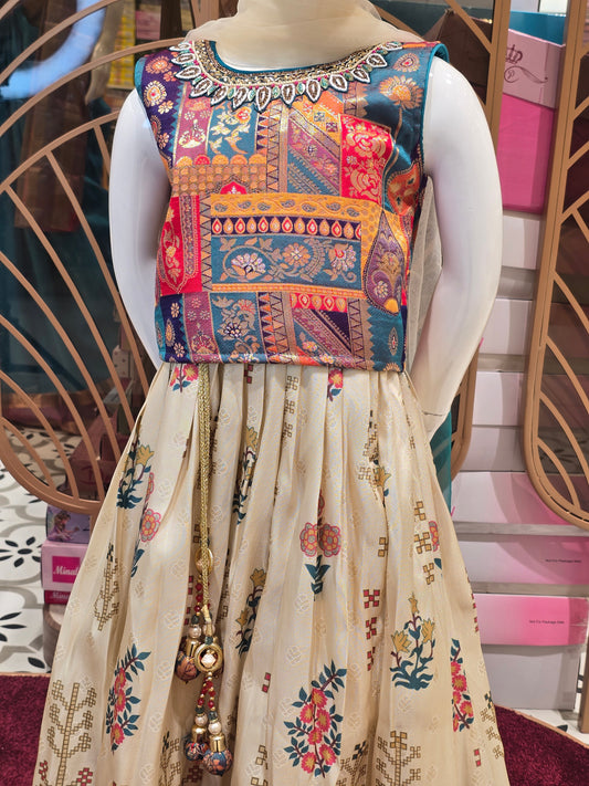 Ivory Banarasi Ethnic Wear Ghagra for Girls with Rama Green Vase Motif, Multicolor Banarasi Weave and Traditional Border