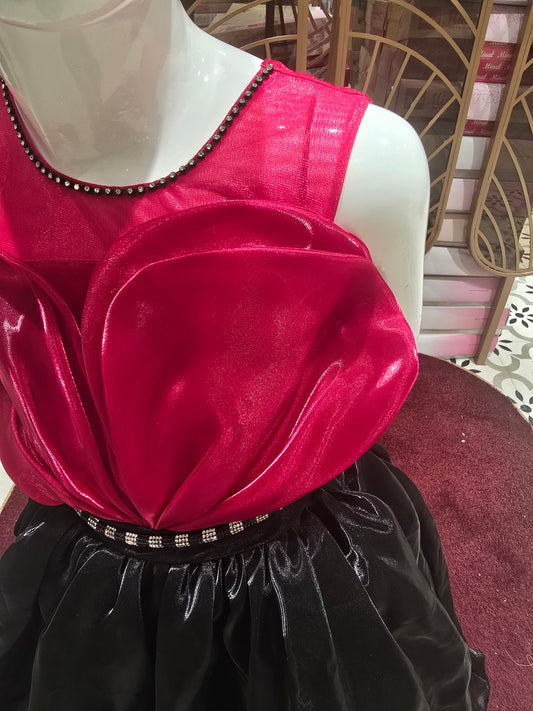 Cherry Red Satin Top with Black Bottom Gown featuring Attached Stylish Waist Belt – Party Wear for Girls (Age 5, Size 24)