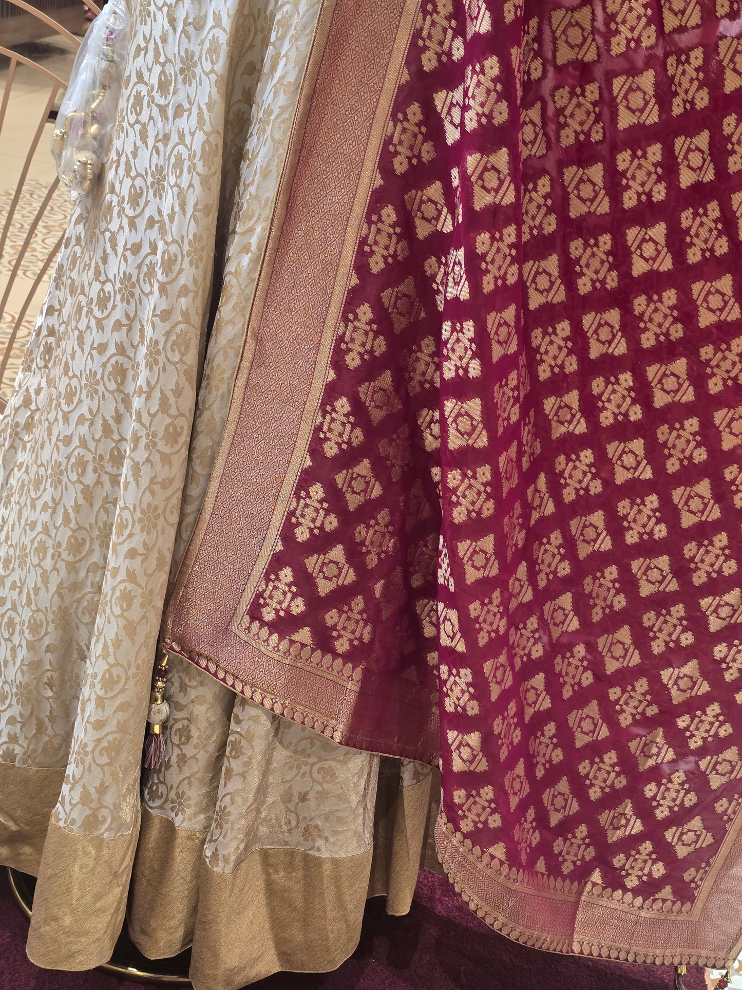 Bridal Lehenga – Jakhad Silk with Banarasi Dupatta, Floral Skirt Design & Ari Work Blouse (Half White)