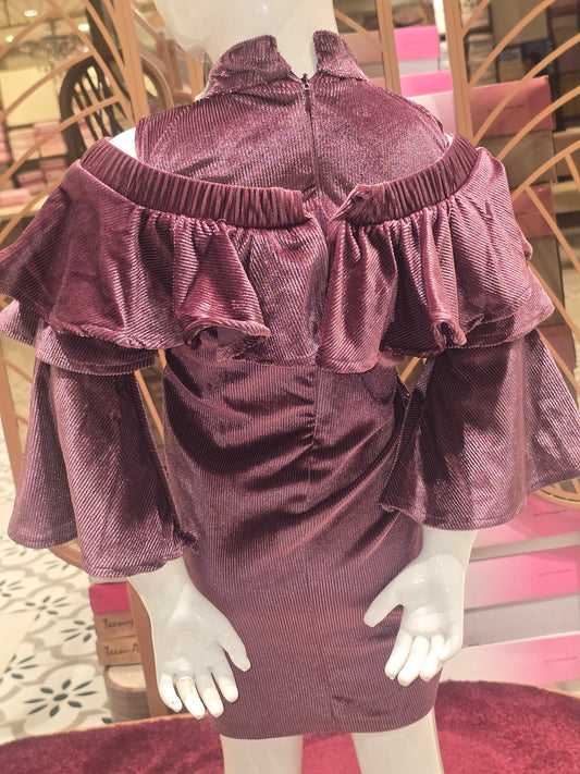 Girls Wine Velvet Sequin Party Wear Bodycon Dress