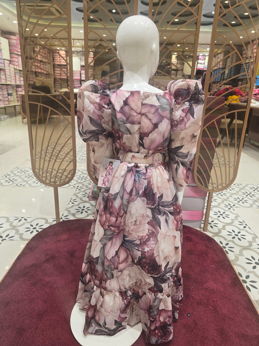 Girls Printed Satin Floral Gown