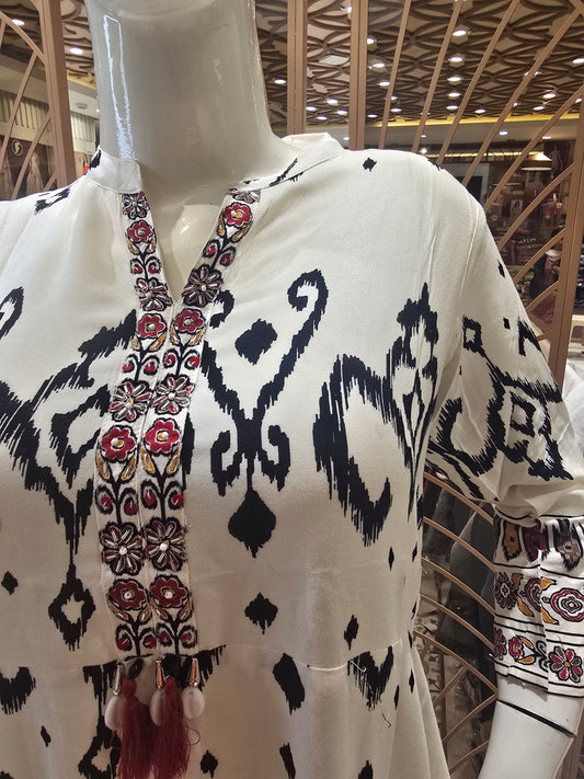 Women’s Rayon Coat Set in White Base with Black Printed Design, V-Neck Kurta and Printed Trousers for Daily and Casual Wear