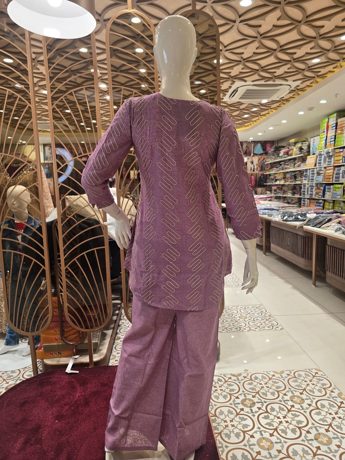 Women’s Lenin Cotton Coat Set in Baby Pink with All-Over Thread Work, Collar Style Neck and Matching Lenin Pant for Daily Wear