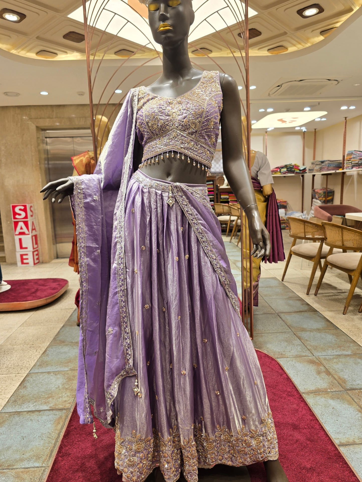 Lavender Tissue Silk Lehenga Choli with Gold Zari and Sequin Hand Embroidery