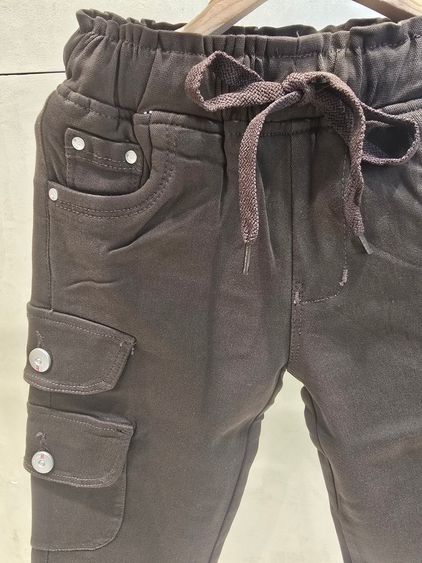 Black Colored Cotton Cargo Pants with 6-Pocket Round Elastic Tie Waist