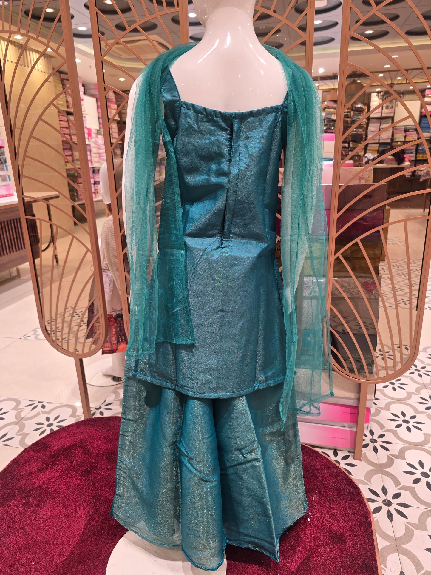 Peacock Colored Tissue Silk Sharara Set for Girls with Zari Embroidery Butta, Embroidered Neck & Net Dupatta – 3 Piece Ethnic Set