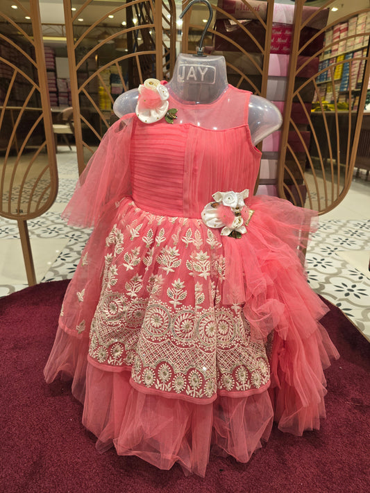 Girl Baby Peach Knitted Embroidered Cool Shoulder Gown