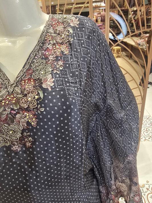 Women’s Kafthani Party Wear Set in Teel Blue with Floral Hand Work V-Neck, Printed Border and Small Butta Design Body with Palazzo Pants