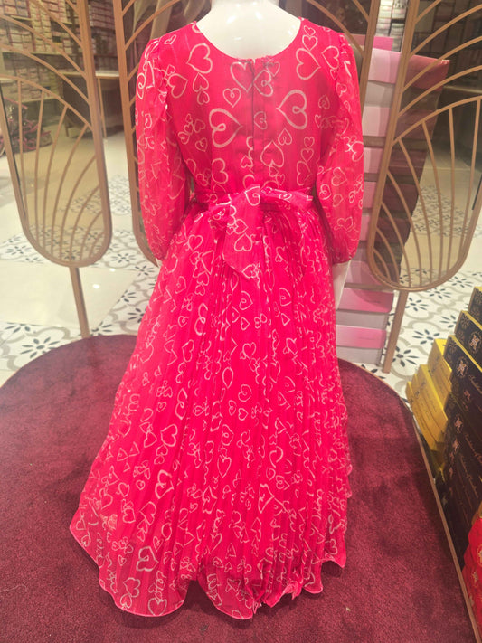 Girls Pink Chiffon Printed Gown