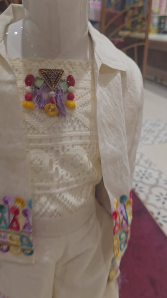 Half White Crush Satin 3-Piece Western Party Wear Set with Net Cutwork Inner