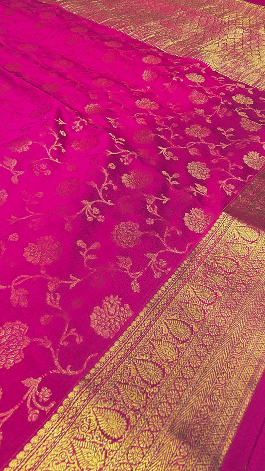 Pure Mysore Brocade Crepe Silk Saree with Full-Body Floral Weaving and Traditional Zari Border | Festive & Wedding Wear