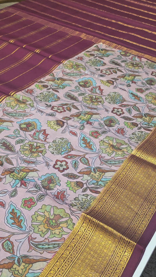 Exclusive Pure Mysore Kalamkari Printed Crepe Silk Saree with Gatti Zari Border | Baby Pink & Chocolate Brown | Premium Festive & Wedding Wear