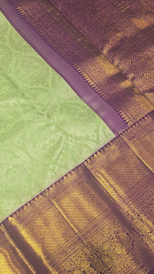 Handloom Pure Pista Green Kanjivaram Brocade Silk Saree with Purple Contrast Long Border & Rich Pallu