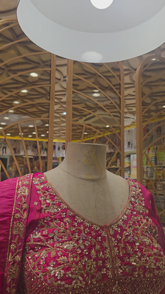 Rani Pink Tissue Bridal Lehenga with Handwork Blouse & Stone–Sequin Detailing | Elbow Sleeve & Tissue Dupatta