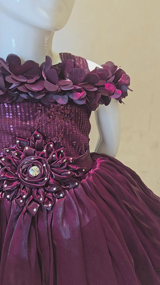 Girls Satin Party Wear Short Frock with Speghetti Style, Sequence Flower Design and Floral Stone Waist Work for Special Occasions