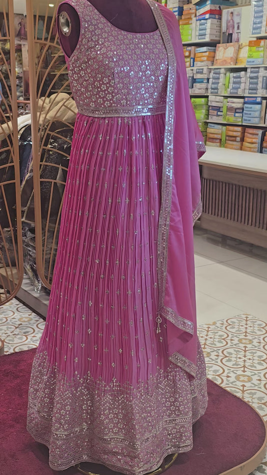 Women’s Tissue Crush Party Wear Gown in Baby Pink with Flower Designed Sequins Work and Sequence Border Dupatta for Festive Occasions