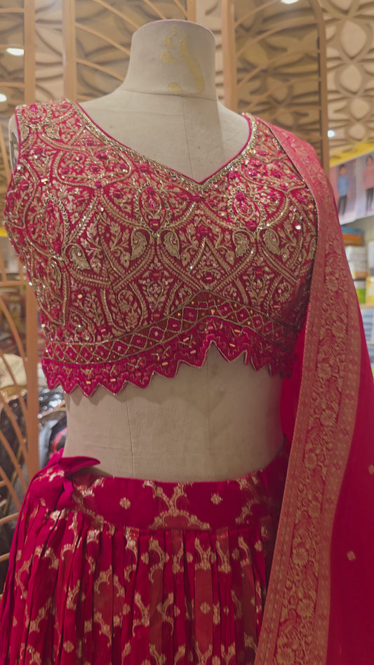 Pink Jokhad Banarasi Lehenga with Diamond Stonework & V-Neck Arya Work Blouse | Banarasi Dupatta