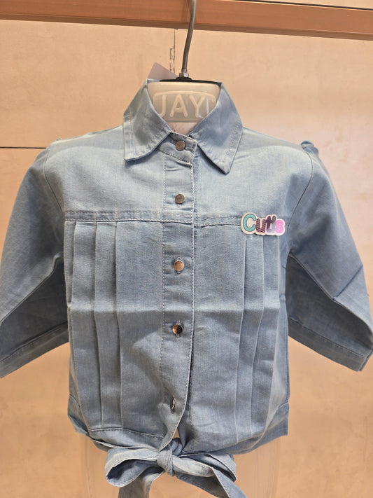 Sky Blue Soft Denim Jacket for Girls with Long Western Tie & Cut-Style Brooch – Casual Wear