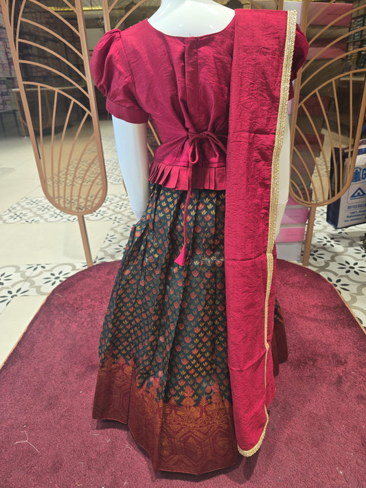 Maroon & Green Banarasi Silk Ethnic Langa Blouse Set for Girls with Printed Skirt and Puff Sleeves