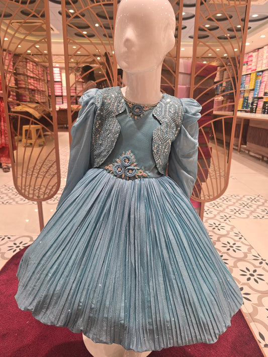 Girl Sky Blue Organza Satin Party Short Frock