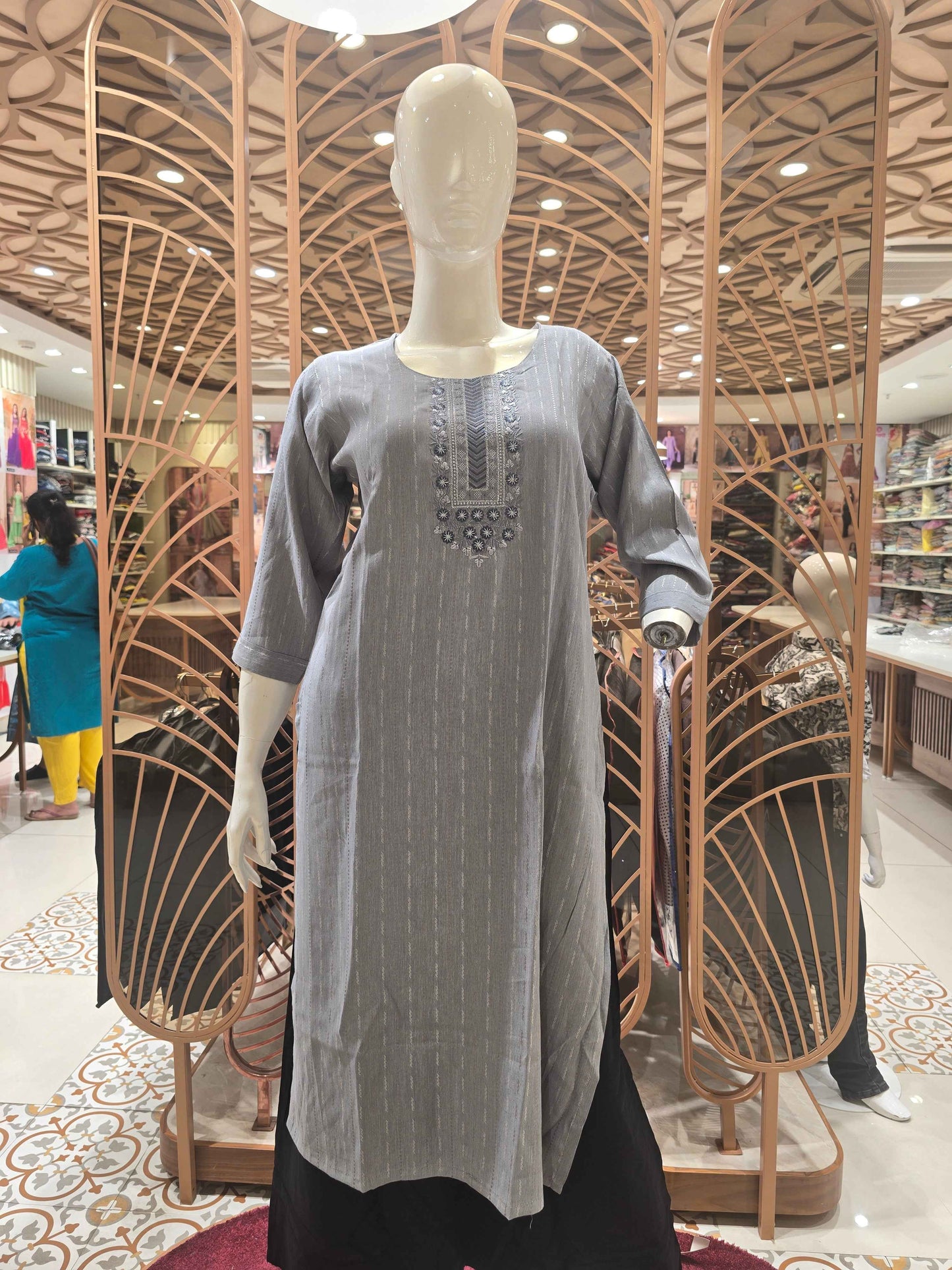 Cotton material gray with multi colour straips , single kurta