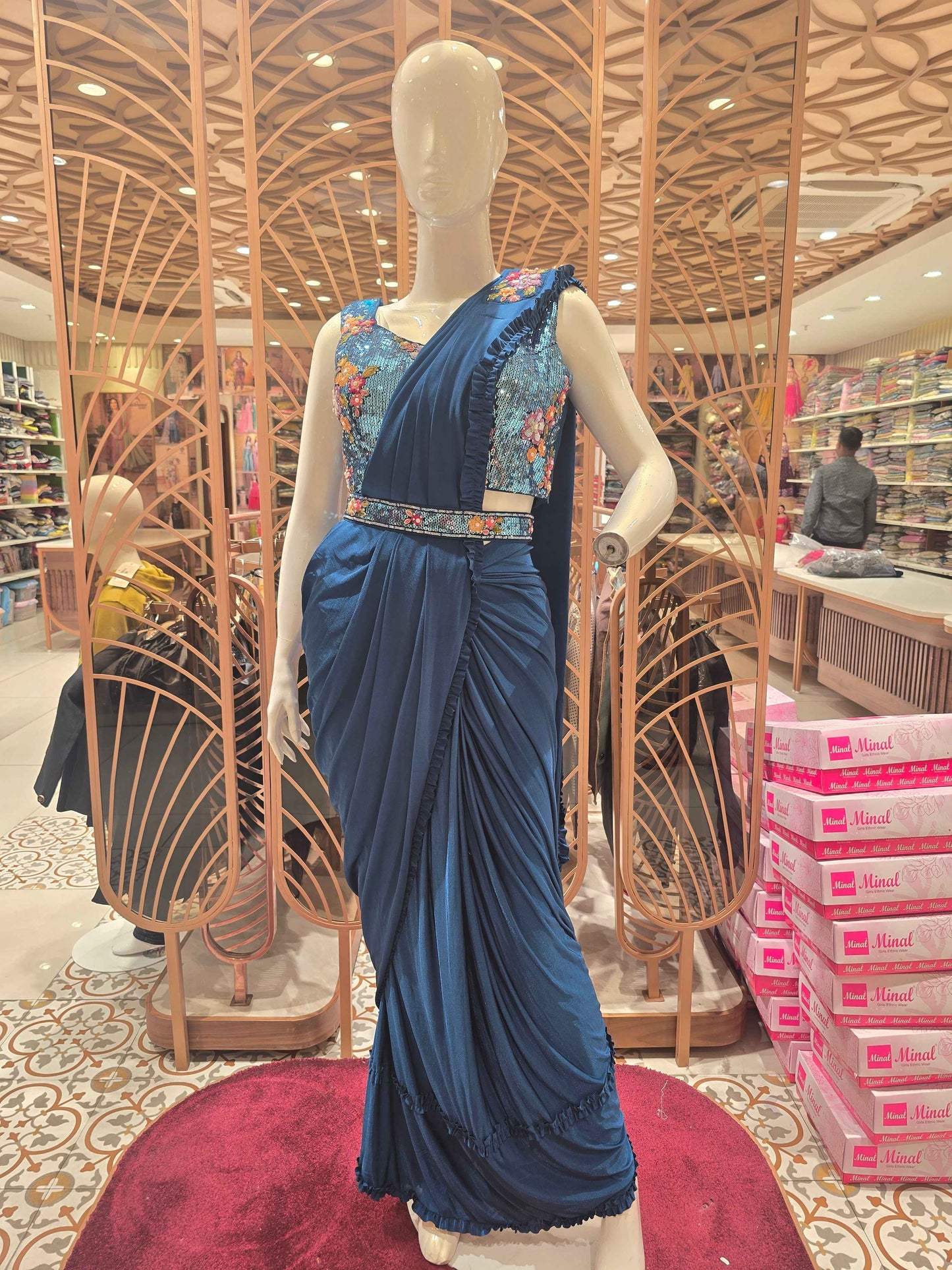 Women Teal Blue Lycra Satin Ready to Wear Saree Set