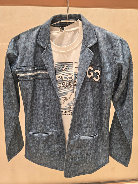 Satin Denim Blue Blazer with Side Poyal Prints & White Printed T-Shirt | Two-Piece Set for Boys