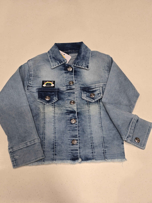 Washed Blue Denim Jacket for Girls with Embroidered Chest Patch
