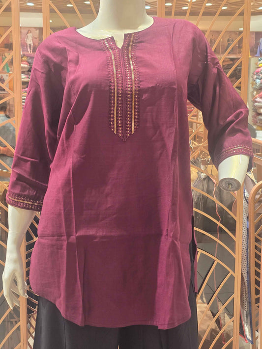 Cotton material maroon colour single kurti for women