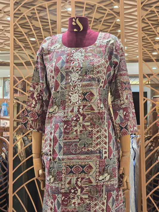 Multi color printed cotton material kurta for women with round neck