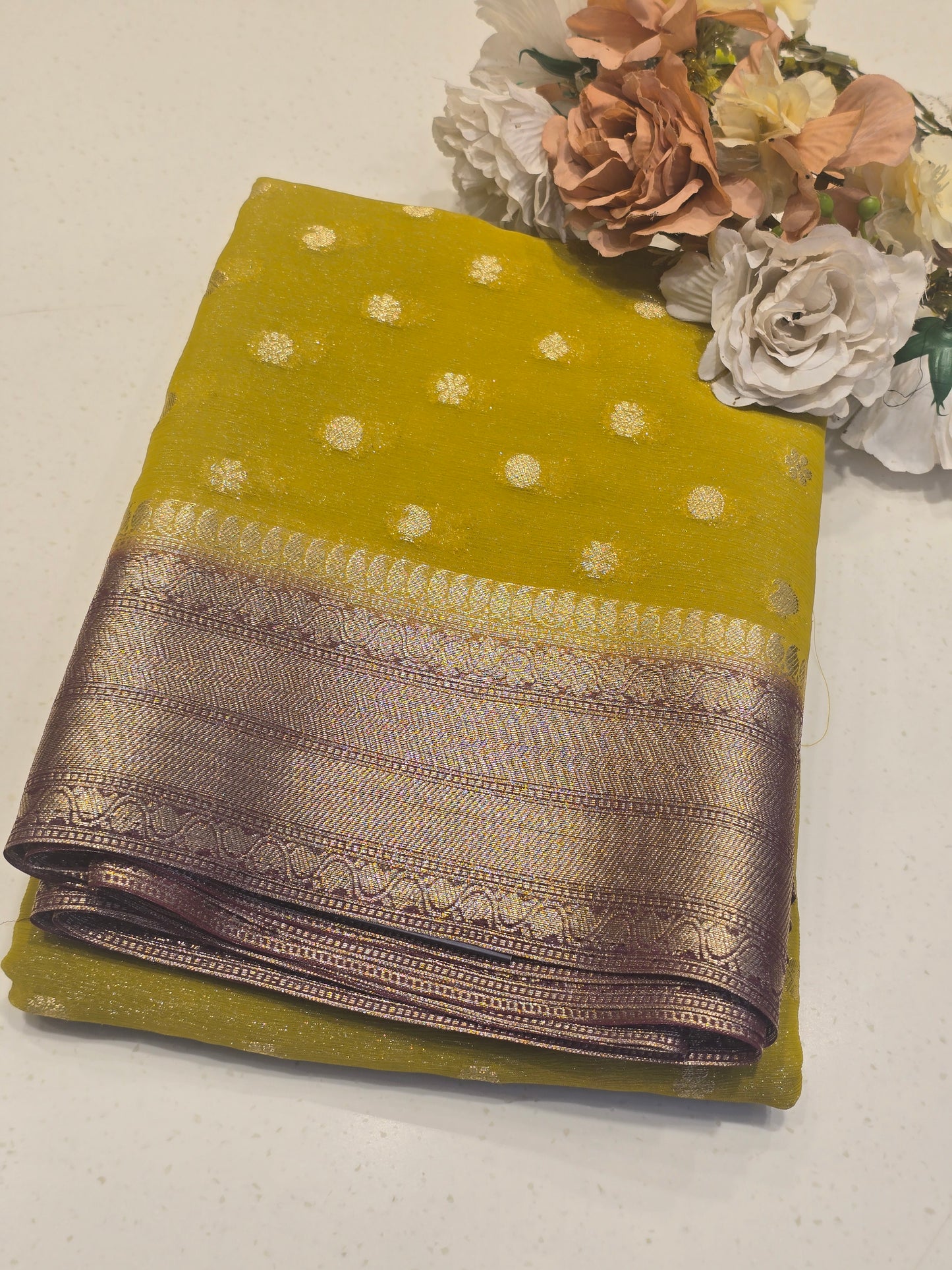 Georgette Silk Saree with Butta Motif, Traditional Zari Border & Contrast Blouse | Festive & Party Wear