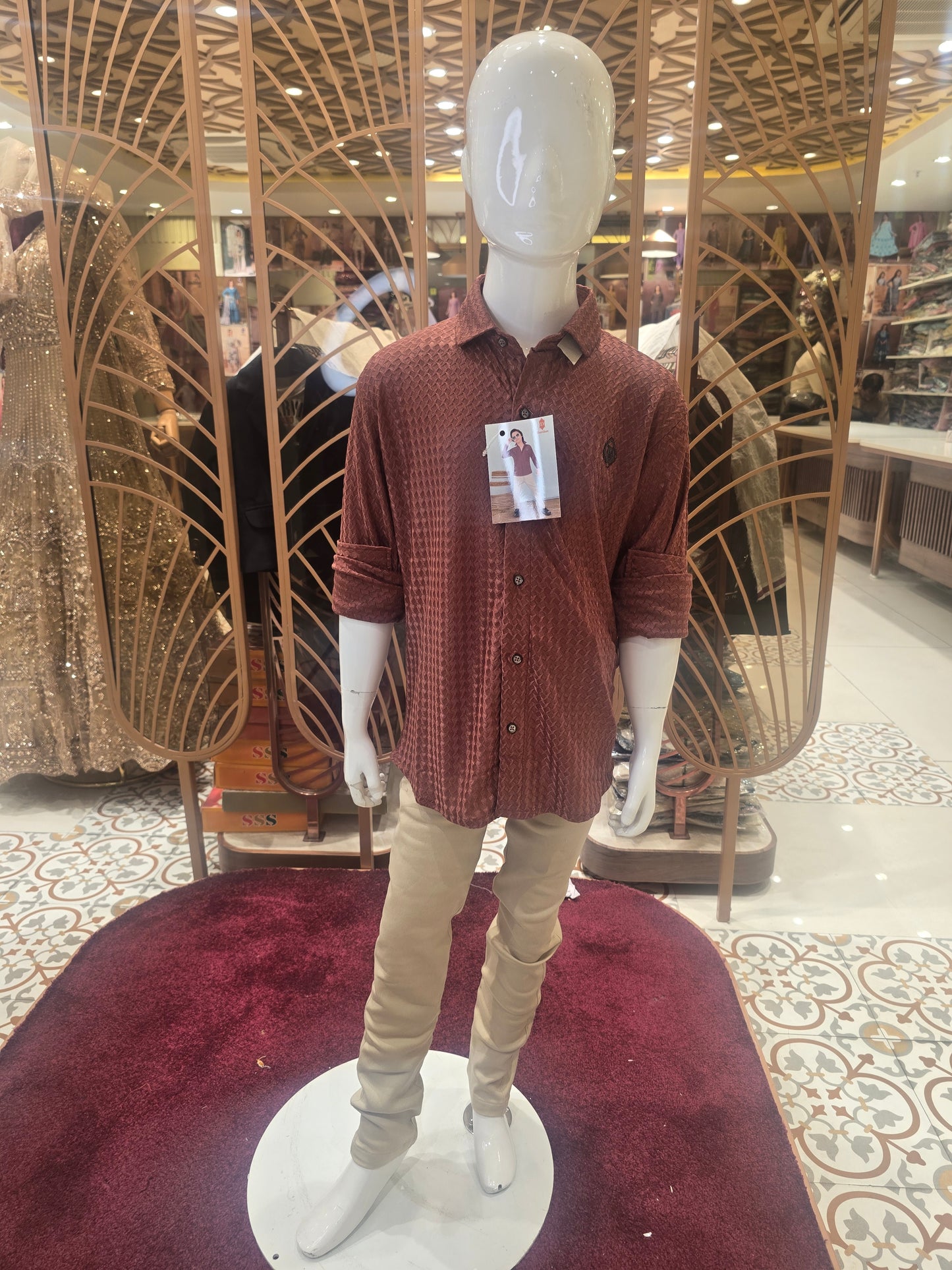 Boys Net Fabric Fancy Shirt and Pant Set in Rust and Cream with Foldable Full Sleeves, Tiger Logo Detail for Casual and Party Wear