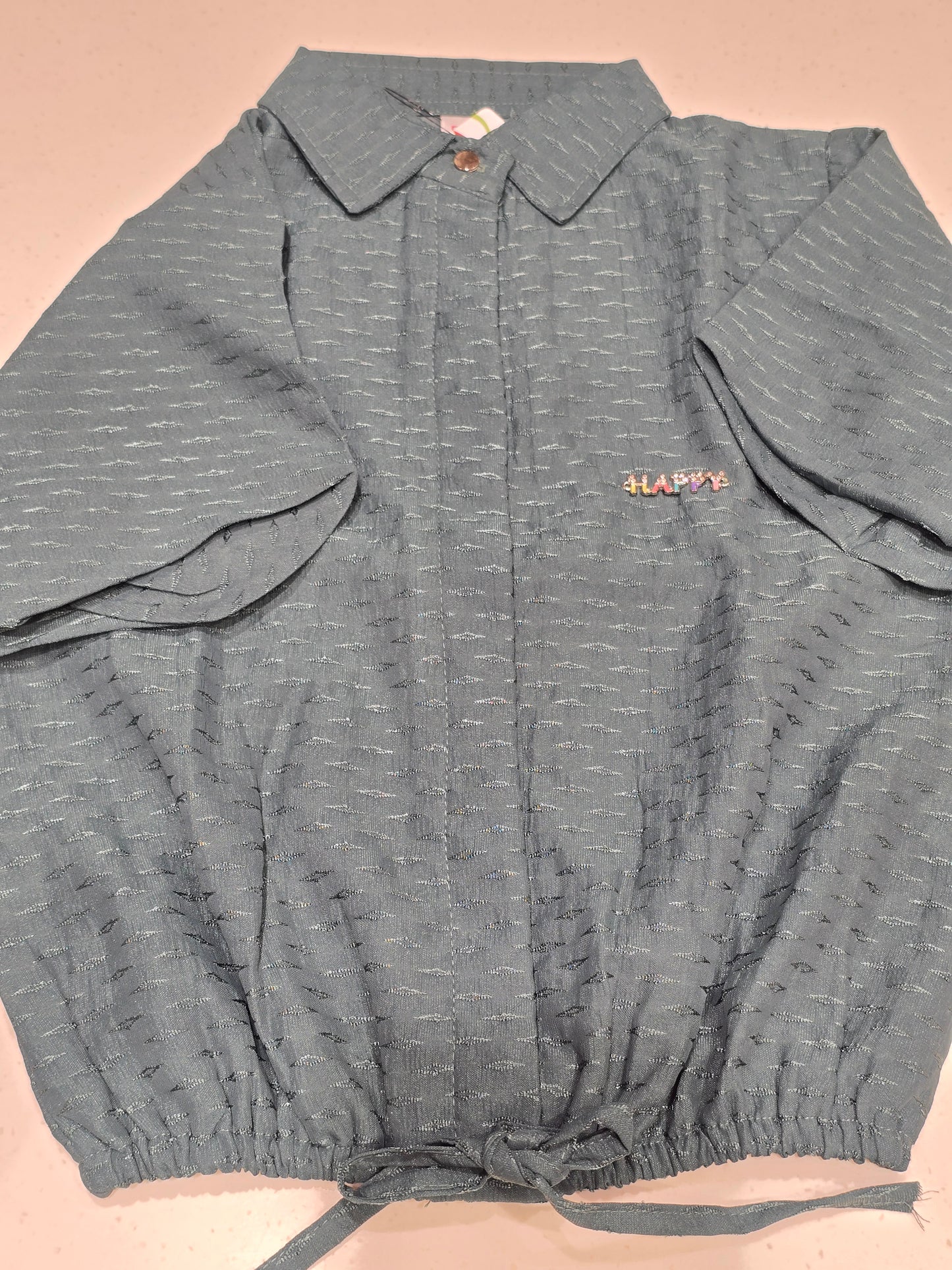 charcoal grey short-sleeved bomber jacket or blouse
