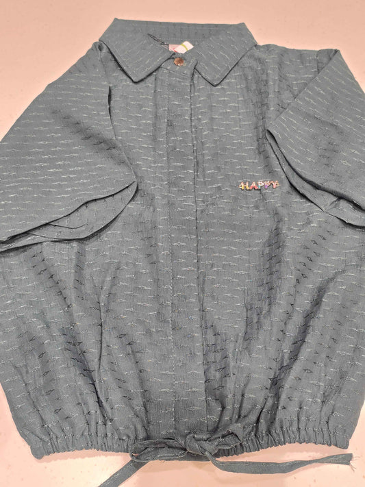 charcoal grey short-sleeved bomber jacket or blouse