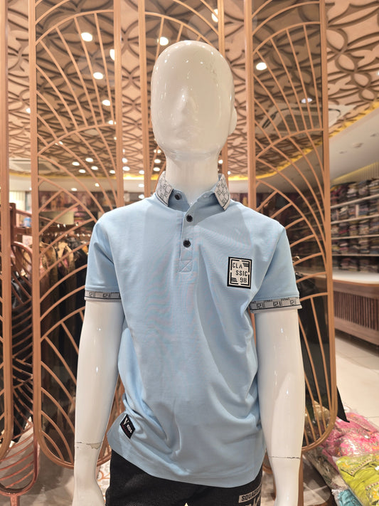 Boys Blue Lycra Printed Collar Neck T Shirt