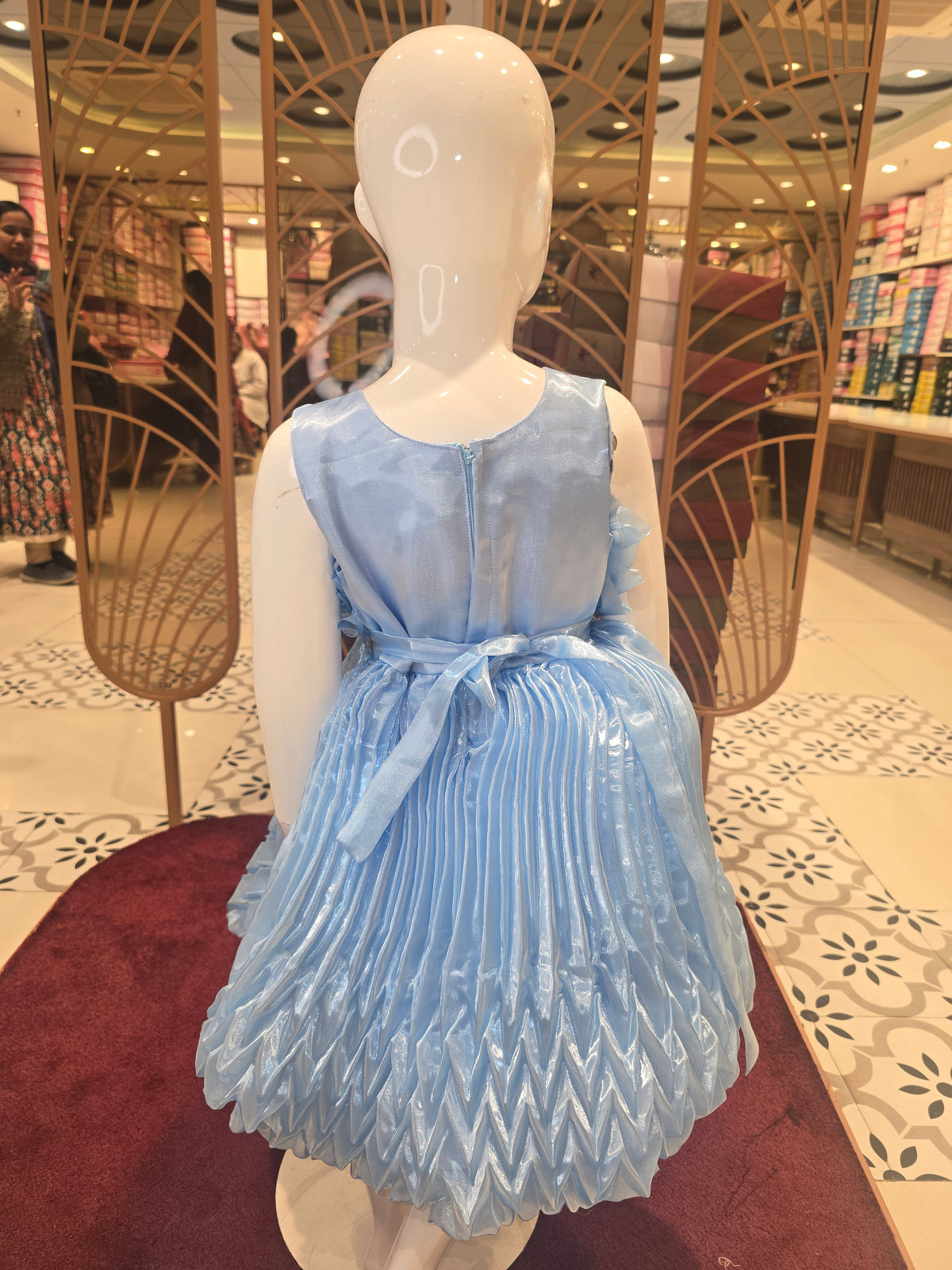 Girls Sky Blue Shining Satin Short Frock with Leaf Cut Design and Tikli Waist Belt