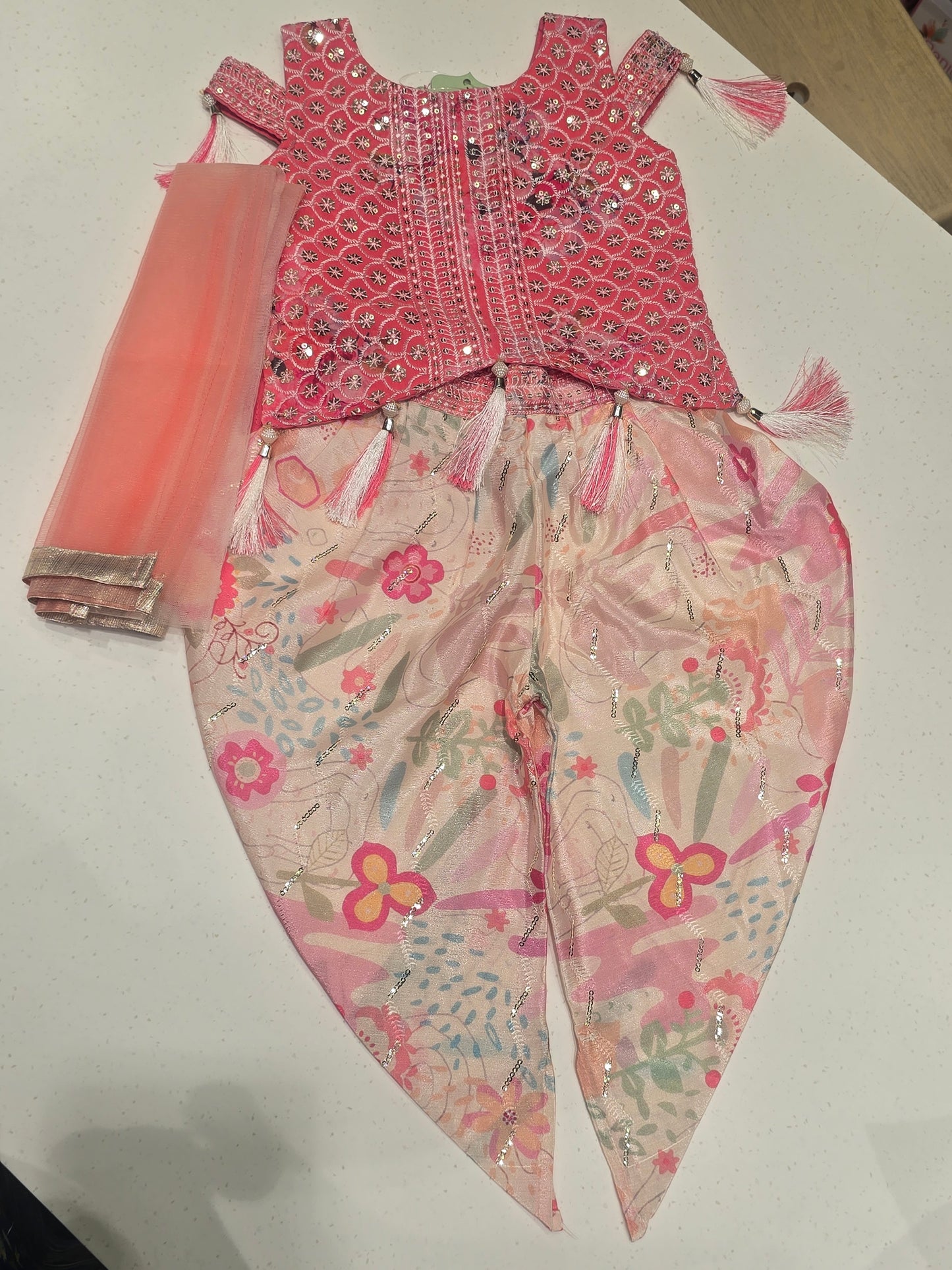 Multi Colour Satin Crepe Patiala Set for Girls