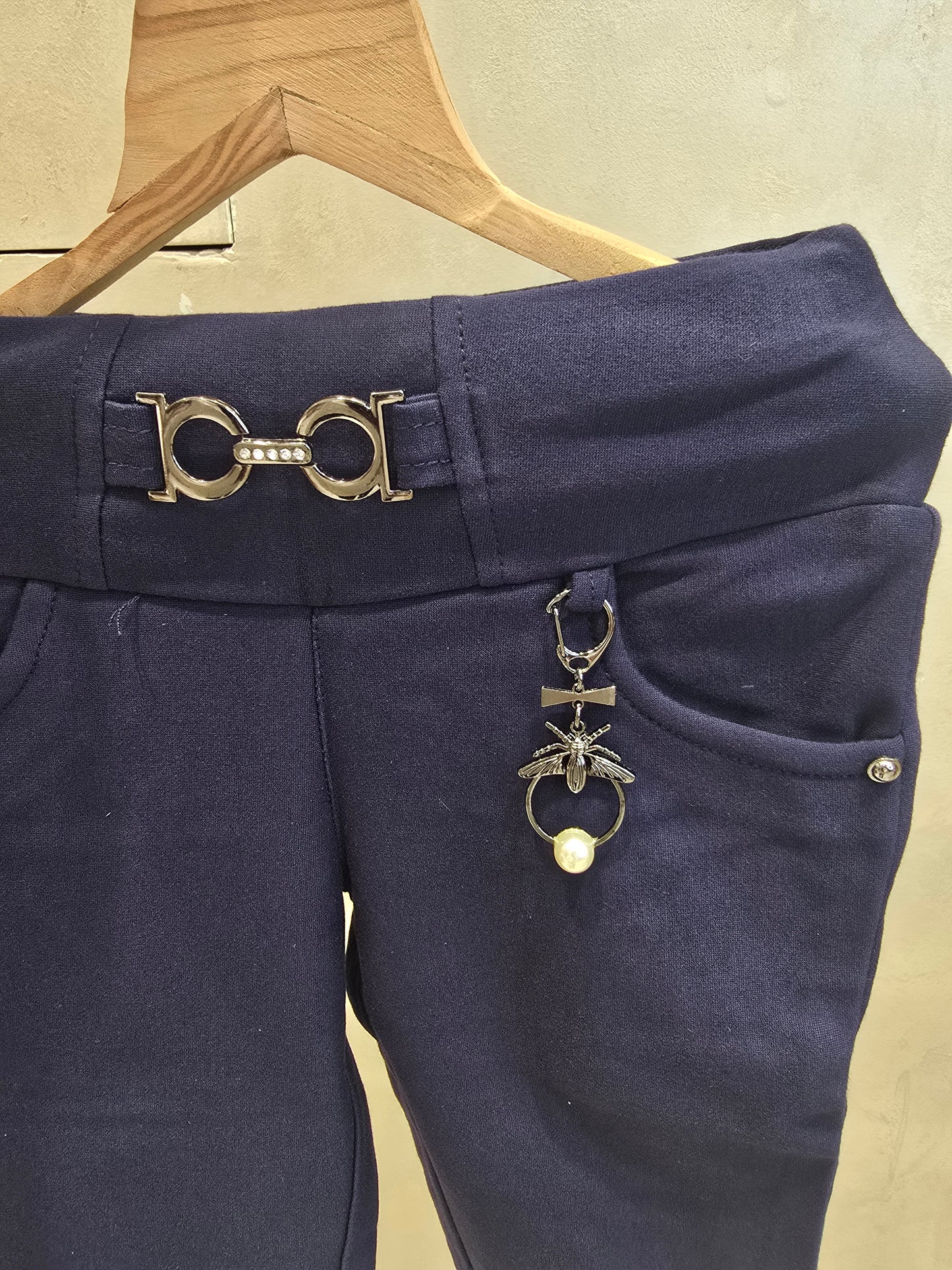Girls Stretchable Cotton Capri Pant in Dark Blue with Left Side Key Chain Detail and Unique Belt Logo for Summer Casual Wear
