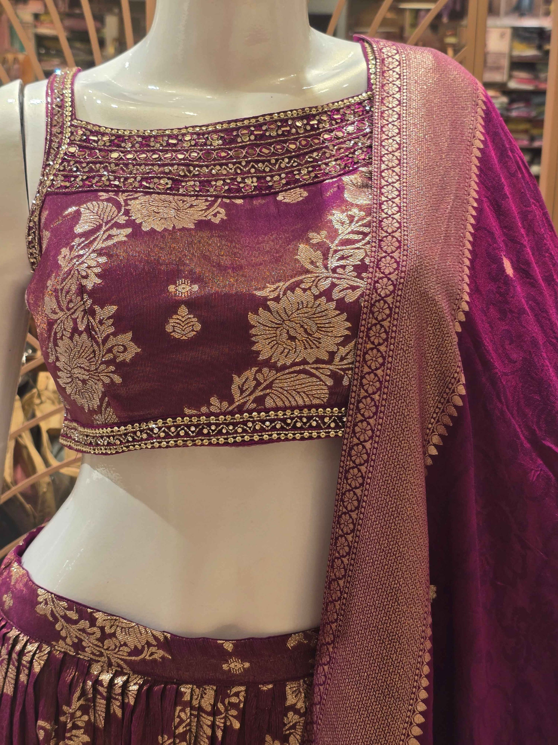 Women Burgundy Wine Banarasi Lehenga Set